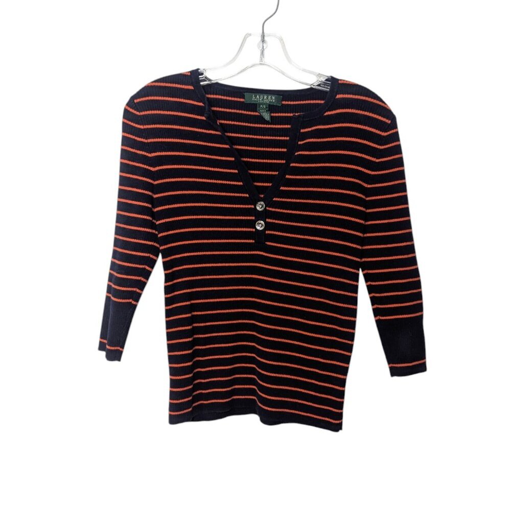 Ralph Lauren Blue and Orange Striped Ribbed V Neck 3/4 Sleeve Buttons SZ-M